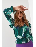 Casual envelope blouse with plant motifs, dark green 20250 - Online store - Boutique